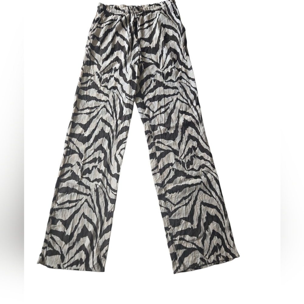 Zara Zebra Print Pants Small Cream Brown Elastic Waist Resort Textured Straight